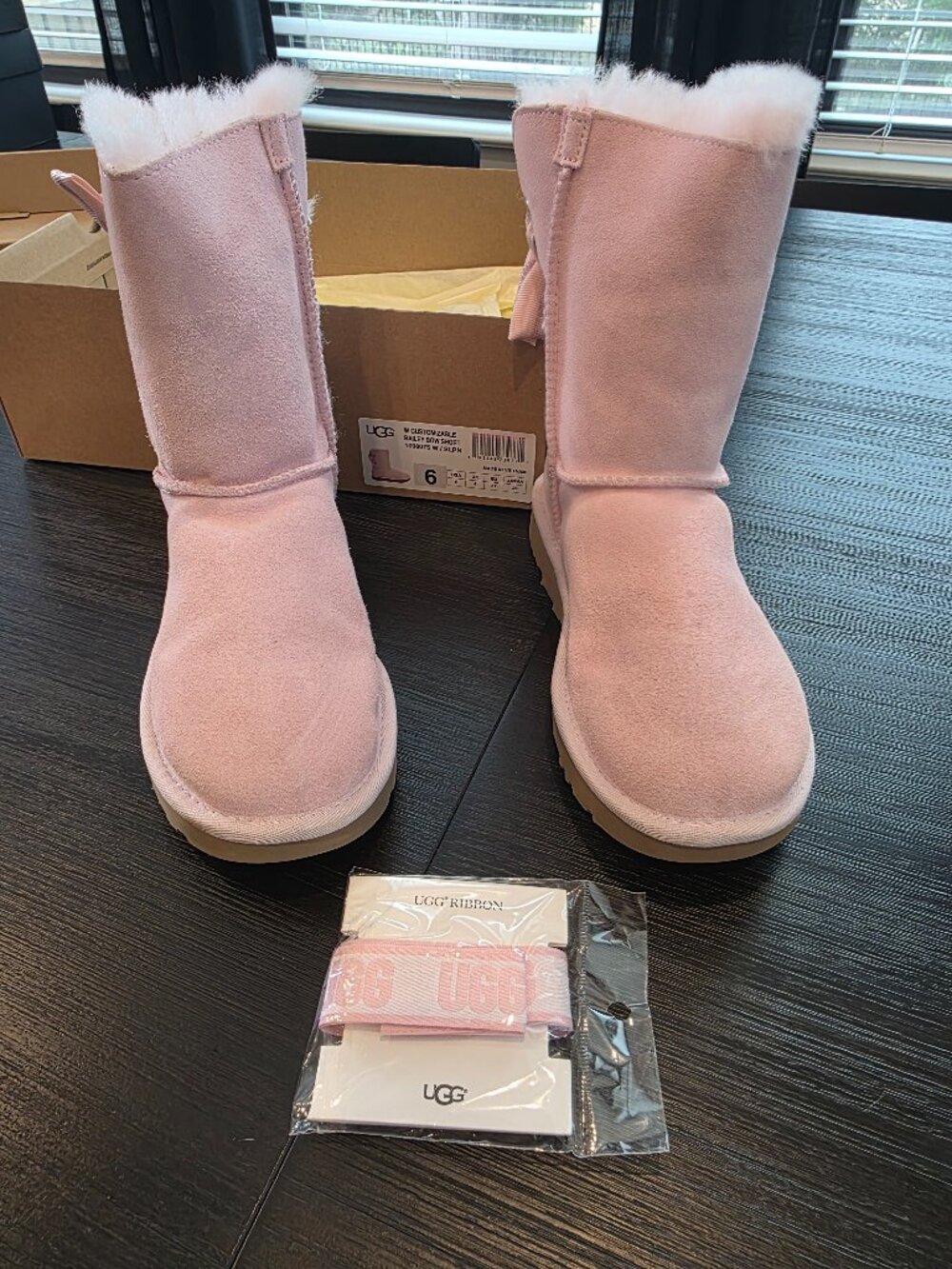 UGG Customizable Bailey Bow Short Seashell Pink Ladies boot, size 6
